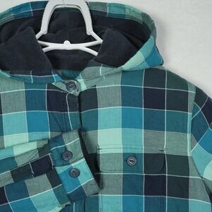 LL Bean Womens Size XS Fleece-Lined Flannel Hoodie Teal Navy Plaid - Read